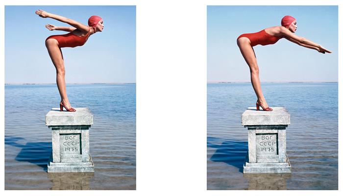 Jerry Hall by Norman Parkinson Diptych wearing a swimsuit by Marti 