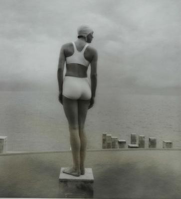 Bather (woman on a podium with white bathing suite) 