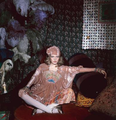 English model Twiggy in an exotic tent constructed in Justin de Villeneuve’s home, 1970s