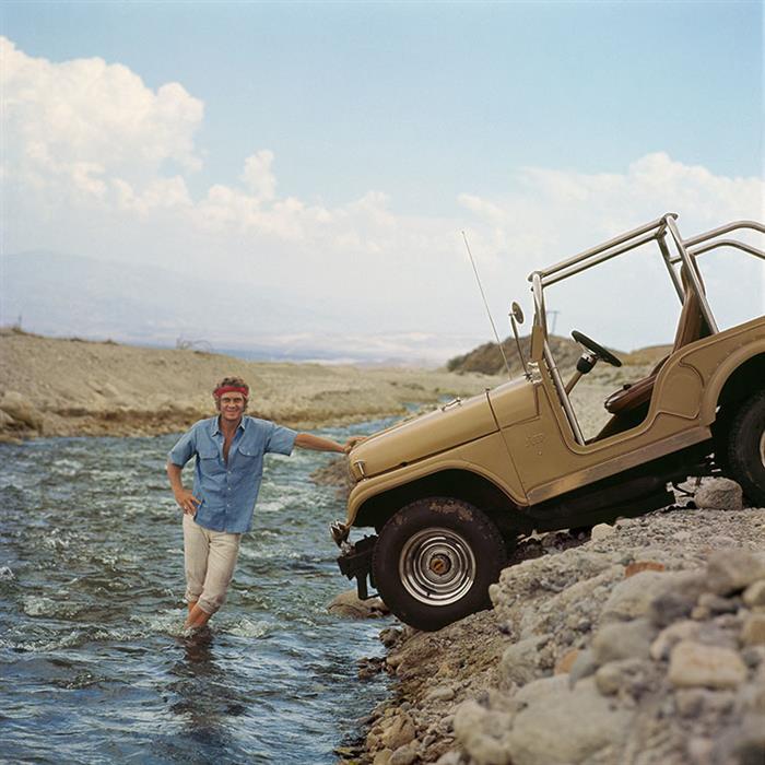 Steve McQueen with his jeep in the hills of Baja California USA 